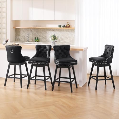 Image of Swivel Bar Stool with Back, Faux Leather Counter Height Bar Stools, Upholstered Tufted Counter Height Chairs, Solid Wood Legs, (Black, 30 inch H Seat, Set of 6)