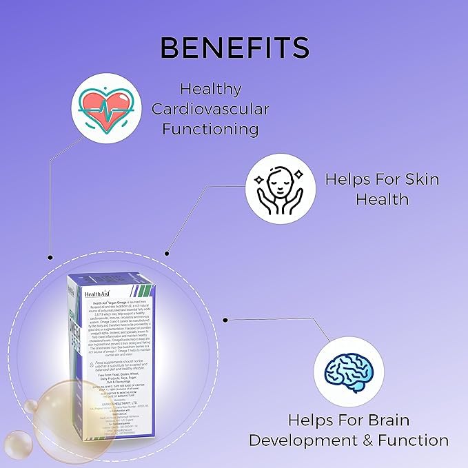 Image of HealthAid Veg Omega 3 6 7 9 - Plant-Based Fatty Acid Supplement for Heart, Brain, Joints & Digestion Support | High Absorption | 30 Softgel Capsules for Men & Women
