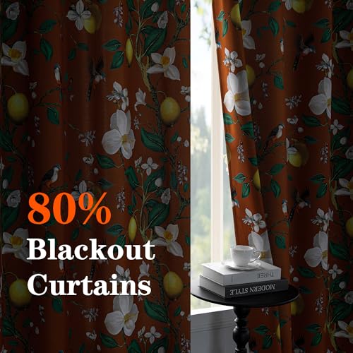 Image of MYSKY HOME Floral Blackout Curtains Panels 95 inches Room Darkening Grommet Vintage Curtains & Drapes with Flower Lemon Hummingbird Patterned for Bedroom Nursery Kids Room, Pack-2, 52 inch, Burnt Orange