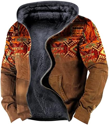 DYGUYTH Mens Padded Winter Jackets,Aztec Graphic Hoodies Sherpa Lined Winter Warm Coats Plus Size Zipper Slim Jacket Outwear with Pocket Red 2XL
