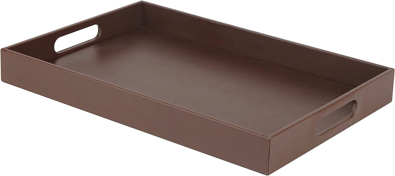 MTank Wooden Nested Serving Trays - Decorative Coffee Table Perfume Living Room Kitchen Serving Tray with Handles Kitchen Nesting Trays for Serving Pastries, Snacks, Mini Bars (Brown Leather)