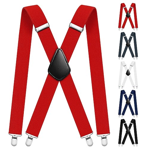Aomig Hosenträger für Herren und Damen - Extra Stark Breit 3,5 Cm Mit 4 Metall Clips - Einstellbar und Elastisch Einheitsgröße, X Style (Rot)