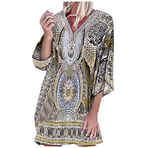 Aniywn Women s Summer Bohemian Midi Dress Vintage Printed Ethnic Style Summer Shift Dress Beach Vacation Floral Dress Yellow