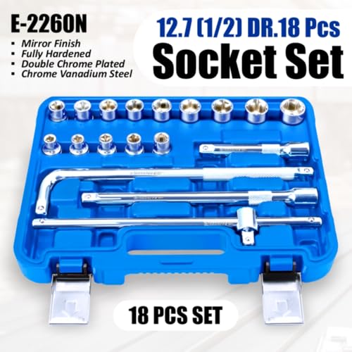 Image of Eastman 1 /2 Sq. Drive Sockets Sets, Chrome Vanadium Steel, Double Chrome Plated Square Drive, Mirror Finish(14 Sockets + 4 Accessories) Set Of 18Pcs (E-2260)
