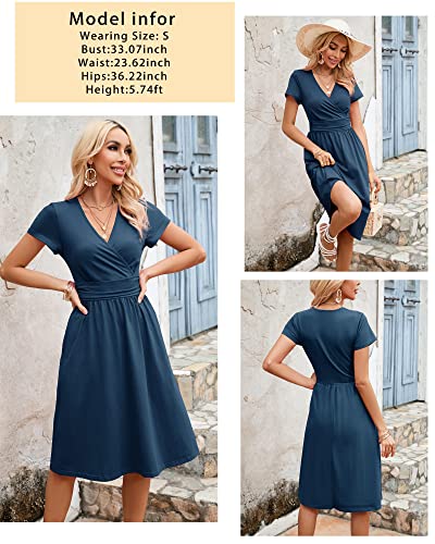 Image of Newshows Womens Summer Short Sleeve Casual Dresses V Neck Floral Vacation Sundress Faux Wrap Midi Dress with Pockets
