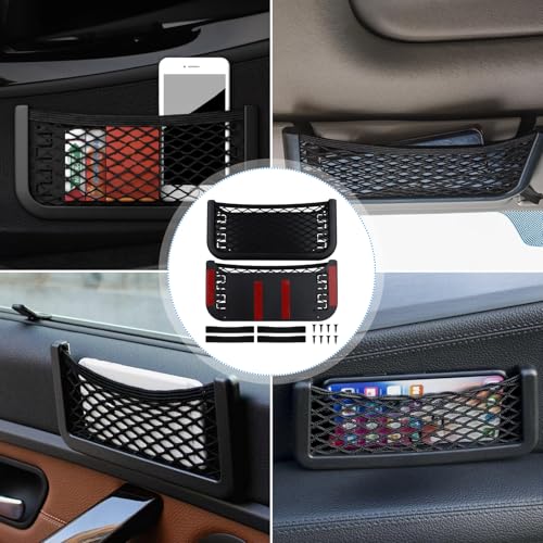 2 Stück Universelles Selbstklebend Elastisch Ablagenetz, Selbstklebendes Netztasche Auto mit Gummiband und Schrauben, Kofferraum Netztasche Auto für Sonnenbrille Telefon Führerschein