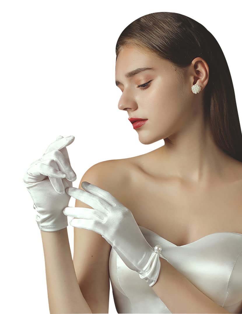 QRBTSCL Women's Short Satin Gloves for Wedding Wrist Short Evening Party Dressy Bridal Lace Tulle Gloves, Ivory-satin, One Size