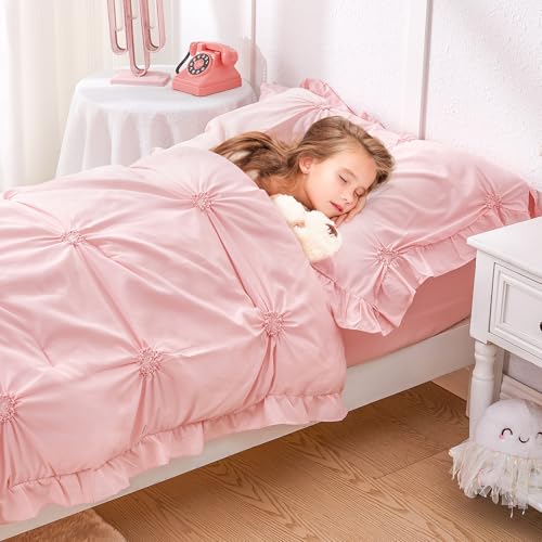 Image of Princess Toddler Bedding Set for Girls, 4 Piece Ruffles Jacquard Embroidery Toddler Bed Sheets with Boho Toddler Comforter, Fitted Sheet, Flat Sheet and Pillowcase, Pink