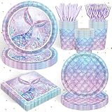 XUELIREN 120PCS Mermaid Themed Party Supplies for Girls Baby Shower Under the Sea Mermaid Birthday Party Decorations Ocean Party Tableware Plates Cups Napkins Knives Forks for 20 Guests