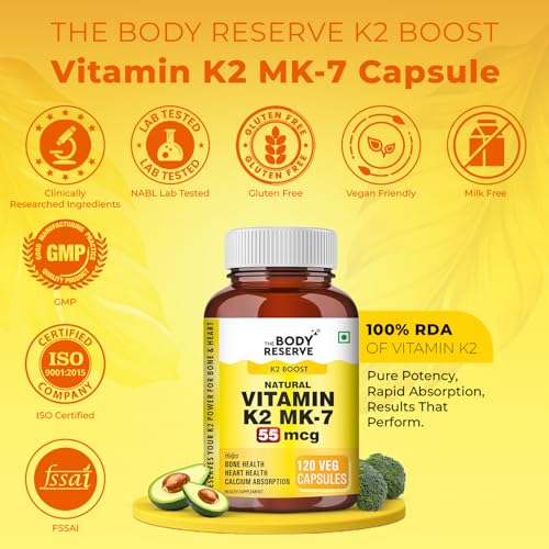 Image of The Body Reserve Vitamin K2 MK7 55 mcg - Highly Bioavailable Menaquinone-7 | Better Calcium Utilization for Strong Bones & Heart Health | Activates Osteocalcin & Matrix GLA Protein | 120 Vegetarian Capsules
