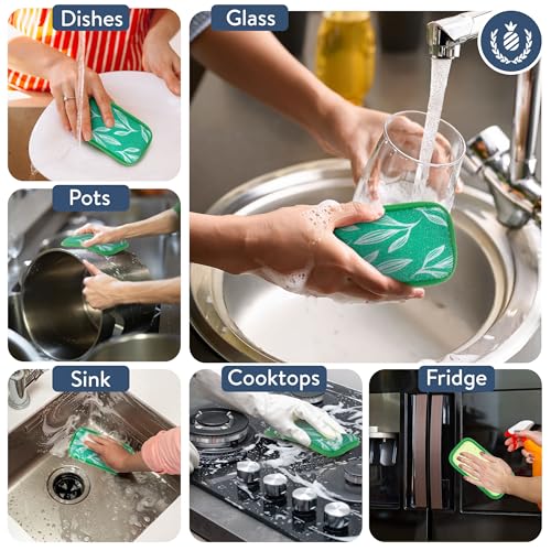Image of Simplified 5-Pack Scrub & Wipe 2-in-1 Dishwashing Sponges - Non-Abrasive Cleaning Sponges, Double-Sided - Safe for Dishes, Non-Stick Pans or Glassware, Absorbent Dish Sponges, Green Leaves