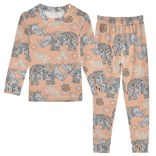 Pajama Sets Long Sleeve Rhino Pattern with Leaf Vintage Soft Comfy Sleepwear 2 Piece PJS 3-8T