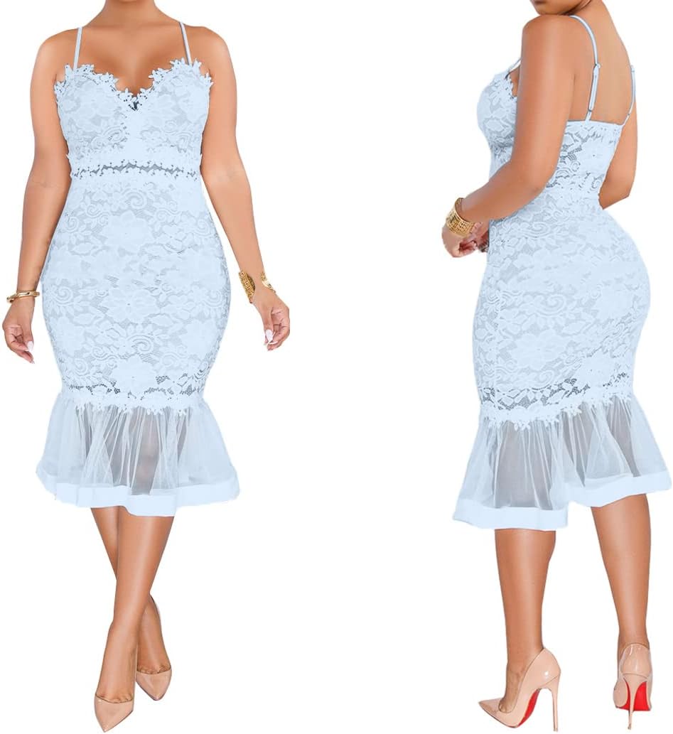 Women's Spaghetti Strap V Neck Floral Lace Midi Dress Mesh Patchwork Mermaid Fitted Sheath Dress Cocktail Pencil Dresses Large Blue