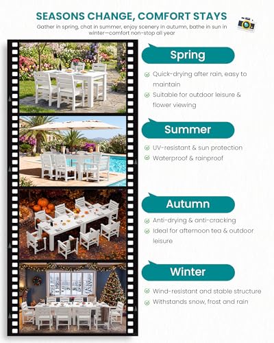Image of SERWALL 59 inch Patio Dining Set for 4, w / 1 Table & 4 Armless Chairs, White | Armless Patio Dining Sets for All Weather Use