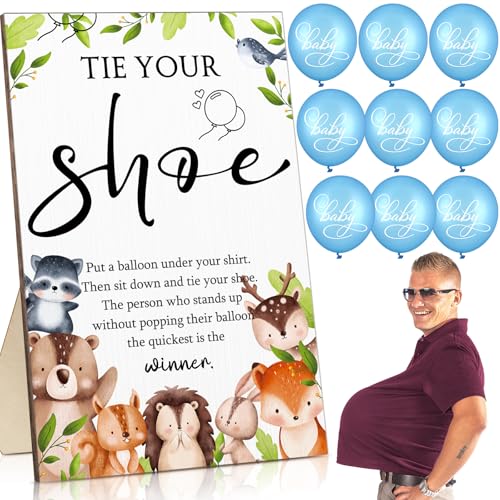 Image of Roowest 51 Pcs Tie Your Shoe Baby Shower Game Sign Wooden Sign Greenery Gift Sets Gender Reveal Party Favors 50 Balloons Latex Balloons for Game Wedding Supplies(Blue,Woodland)