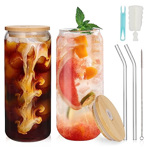 UHAPEER 2 Pack Can Shaped Glass Cup with Bamboo Lids & Glass Straw, 22oz/660ml Drinking Glasses Cup