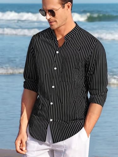 BAYAMO Men's Banded Collar Stripe Shirt, Linen Cotton Mandarin Collar Long Sleeve Button Down Shirts Collarless Tops(Black, L) - image 2