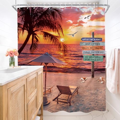 AMBZEK Beach Shower Curtain 60Wx72L Inch Sunset Sea Tropical Ocean Inspirational Quotes Coastal Sunrise Palm Tree Motivational Artwork Cloth Waterproof Polyester Bathroom Decor Set with 12 Pack Hooks - Image 4