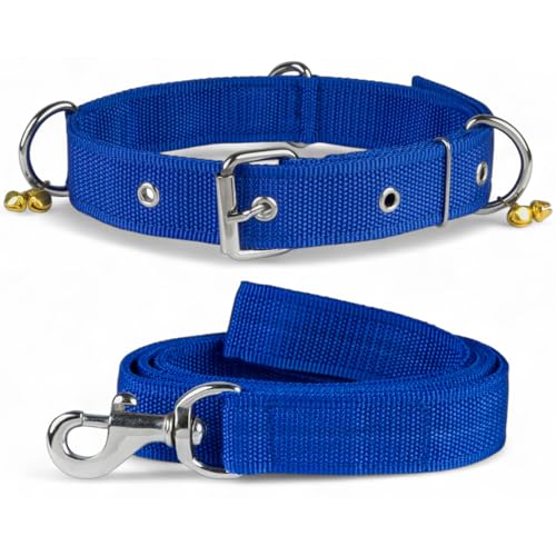 Image of Dog Neck Collar Belts And Leash For Medium Dogs, Dog Stylish Nylon Leash Belt With Bell - Beagle, Pug, Boxer, Shiba Inu, Tibetan Terrier (Medium, Blue),19X1 Inch
