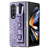 Omio Designed for Samsung Galaxy Z Fold 3 Leather Case with S Pen Holder & Strap, Wrist Strap Leather Back Cover Hard PC Shockproof Finger Grip Case for Men Women Girls, Purple