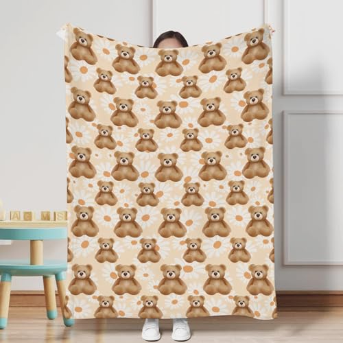 Image of Cute Bear Daisy Flowers Baby Blanket for Boys Girls Baby Animal Flannel Soft Receiving Blankets Swaddle Blanket Kids Toddler Nursery Bed Blankets Stroller Crib Cover Daycare Playmat 40x50