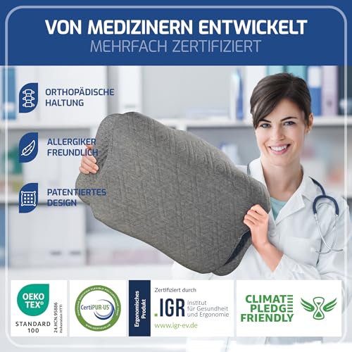 EULIN® ORTHOPÄDISCHES KOPFKISSEN – Ergonomisches Memory Foam Kissen - IGR zertifiziertes Nackenstützkissen für Seitenschläfer & Rückenschläfer – Antischnarch Kissen Schlaftherapie MF1 grau