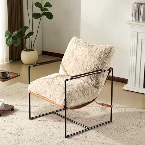 VINGLI 28" Wide Plush Upholstery Modern Accent Sling Lazy Chair with Metal Frame, Reading Armchair with Removable Seat Cushion, Patio Lounge Chairs for Living Room Bedroom Backyard Balcony,Beige