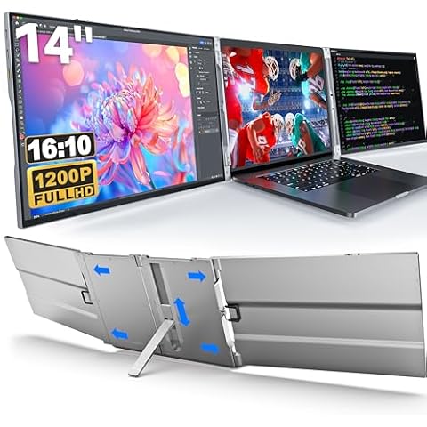 Oiiwak Two Laptop Screen Extender 14 Inch FHD 1200P 16:10 IPS Triple Monitor for 13-16" Notebooks Plug-Play Compatible with Windows 10/11 Featuring Type-C/HDMI/USB-C Cover