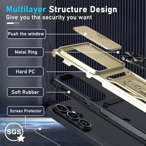 Janmitta Compatible with Samsung Galaxy S26 Ultra Case Built in Slide Camera Lens Cover+Screen Protector+Finger Ring Holder Kickstand,Heavy Duty Shockproof Full Body Phone Cover,2026 Gold by Janmitta - Used condition - Image 4