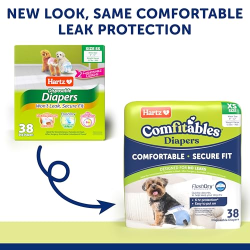Image of Hartz Comfitables Disposable Dog Diapers, Size XS, Comfortable & Secure Fit, Easy to Put On, Super Absorbent Male and Female Diaper, 38 Count (Pack of 8)