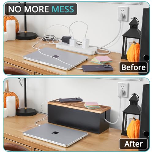 صندوق كبير من الخشب لتنظيم الكابلات وأسلاك الكهرباء وواقيات الحماية من تدفق التيار والشواحن، مناسب للمكتب والأرضية من بيفكلاز، لون أسود