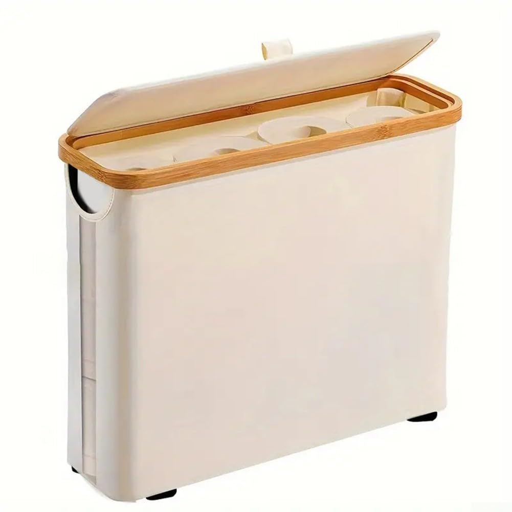 Lecreatekit Panier de rangement pour rouleaux de papier toilette, support de salle de bain avec couvercle, boîte de rangement chic pour une salle de bain propre et bien rangée (beige)