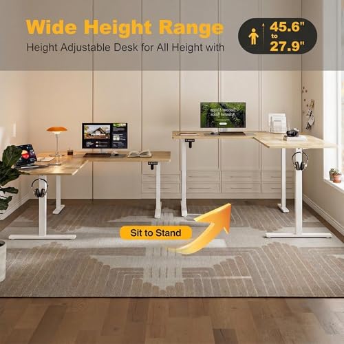 Image of Grandder 63 x 55 Inch L Shaped Standing Desk, Electric Height Adjustable Corner Stand Up Desk, Sit Stand Corner Table Home Office Table, Oak Top White Frame