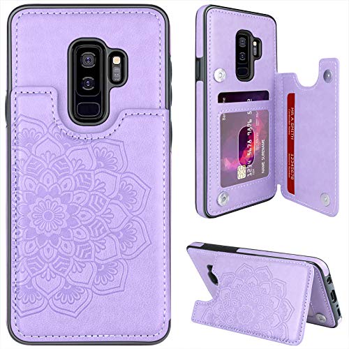 MMHUO for Samsung Galaxy S9 Plus Case with Card Holder,Flower Magnetic Back Flip Case for Samsung Galaxy S9+ Wallet Case for Women,Protective Case Phone Case for Samsung Galaxy S9 Plus 6.2",Purple