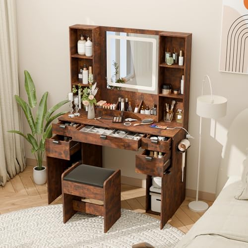 Vanity with Mirror and Lights, Makeup Vanity Table Set, Dressing Table, Large Wood Vanity with Chair, Touch-Sensitive Dimmable Mirror, Shelves and Drawers. Industrial Style Vintage Brown - Image 5