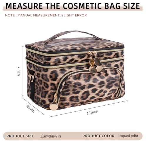 FITINI Double Layer Travel Leopard Makeup Bag,Extra Large Women Cosmetic Organizer Case,Skin Care Essentials Toiletries Bags with Shoulder Strap Waterproof Brush Storage with Removable Dividers2