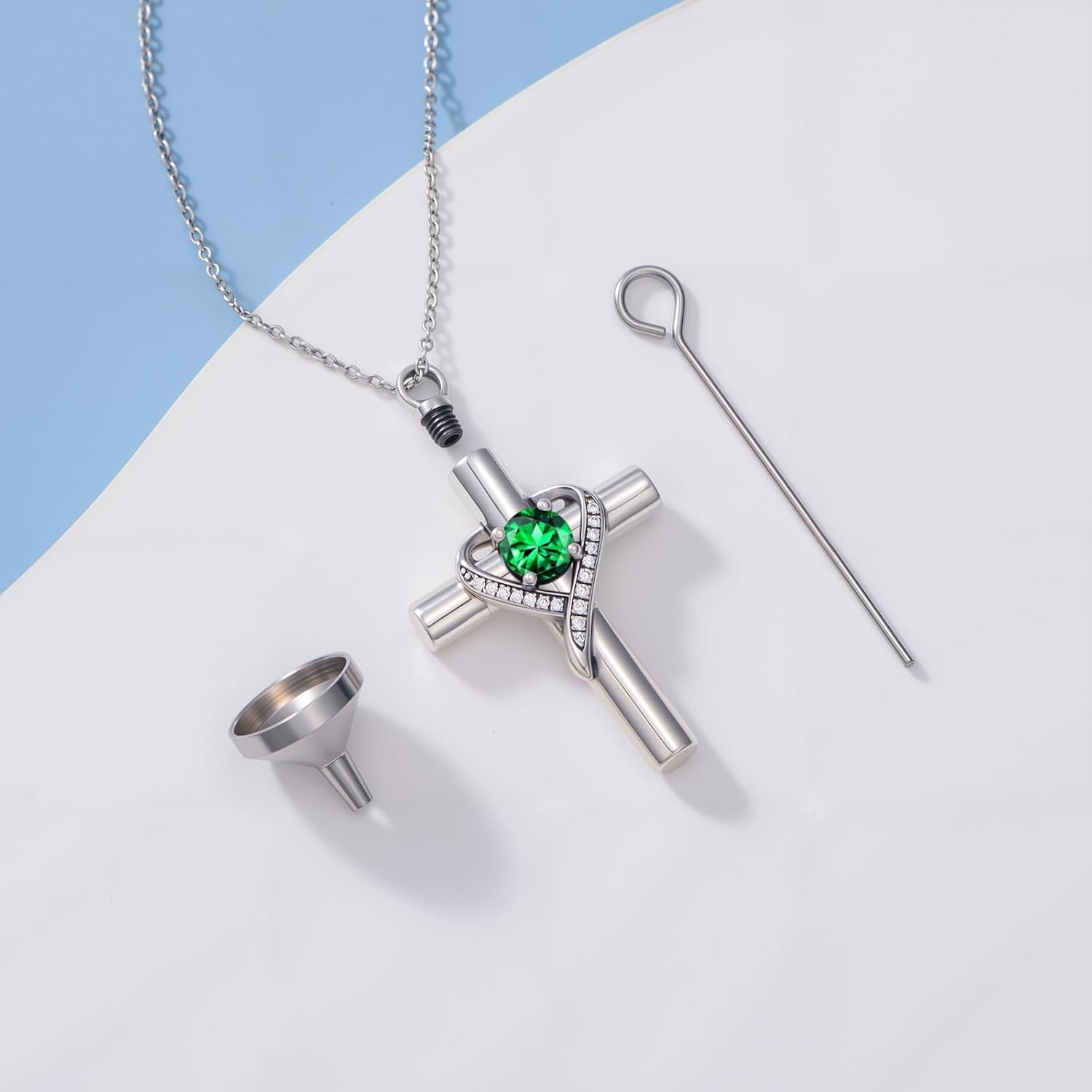 TOUPOP Cross Urn Necklaces for Ashes Birthstone Cremation Jewelry 925 Sterling Silver Heart Cross Memorial Keepsake Funeral Jewelry for Women (with Funnel Filler)