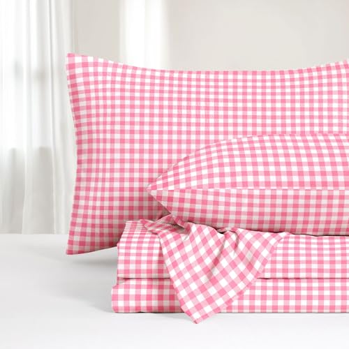 Wake In Cloud - Gingham Bed Sheets, 4-Piece Sheet Set, Plaid Checkered Check Pattern Printed Cute Preppy College Dorm Bedding, Deep Pocket, Hot Pink, Full Size