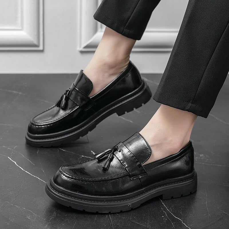 Men's Leather Tassel Platform Slip on Loafers Luxury Round Toe Lug Sole Non-Slip Dress Shoes Casual Low Block Heel Business Work Office Shoes4