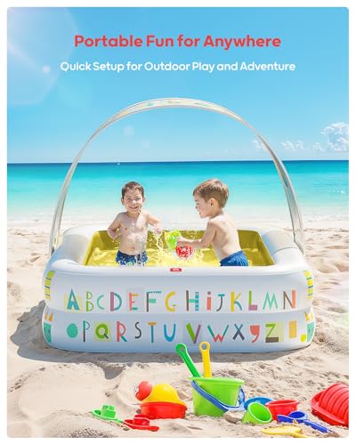 Image of QPAU Kiddie Pool with Canopy, Inflatable Design, 65 x 39 in, Yellow