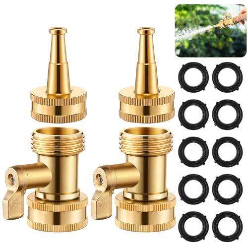 Dunkive Heavy Duty Brass Hose Nozzle Kit with Shut Off Valve, 4" Adjustable Twist Garden Hose Nozzle, High Pressure Jet Sprayer, 3/4" GHT Connector, Includes 10 Rubber Washers(High Pressure,2 in)
