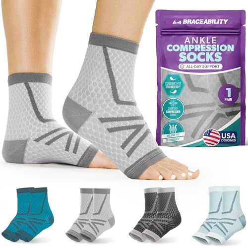Image of BraceAbility Athletic Ankle Compression Socks for Men and Women - Toeless Running Ankle Brace Support Sleeves for Sports, Workouts, Plantar Fasciitis, Achilles Tendonitis, Foot Pain Relief (L - Gray)