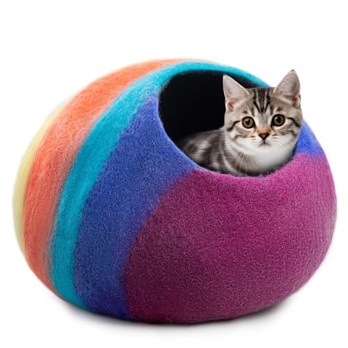 Premium Felt Cat Cave Bed Cats Curl Into Instantly - Wool Kitty Beds Handcrafted Kitten Caves Bed for Indoor Cats - Made from Merino Wool by Woolygon (Rainbow Twist)