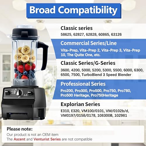 Image of Blender Pitcher 64oz, Replacement for 5200 5000 5500 6300 7500 Pro200 750 VM0101 VM0102 VM0103 E310 320, Classic /Explorian /Commercial series Pitcher Jar Cup 3 year warranty