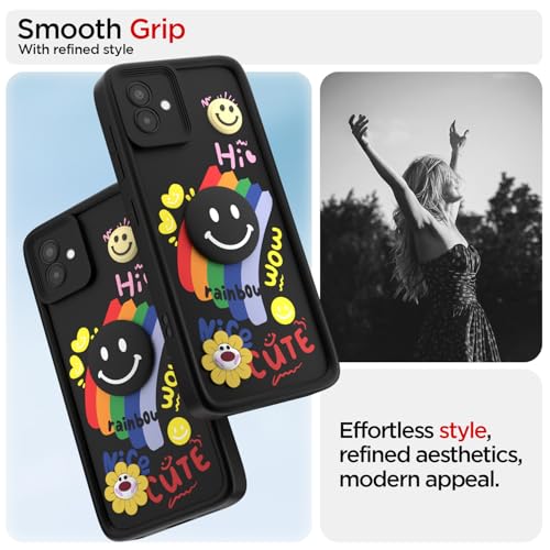 Image of Pikkme Back Cover for Samsung Galaxy M04 / F04 / A04e | Soft Silicone| Cute Rainbow Smile & 3D Cartoon Flower Design | Shockproof Raised Camera Protection Bumper Case (Black)