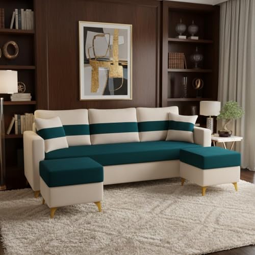 Image of SOCOZI Bastian 5 Seater L Shape Sofa Set with 2 Movable Ottomans | Flexible Layout | Soft Velvet Suede Fabric|Modern Sofa | Plush Comfort Cushions for Living Room (Green Teal-Cream)