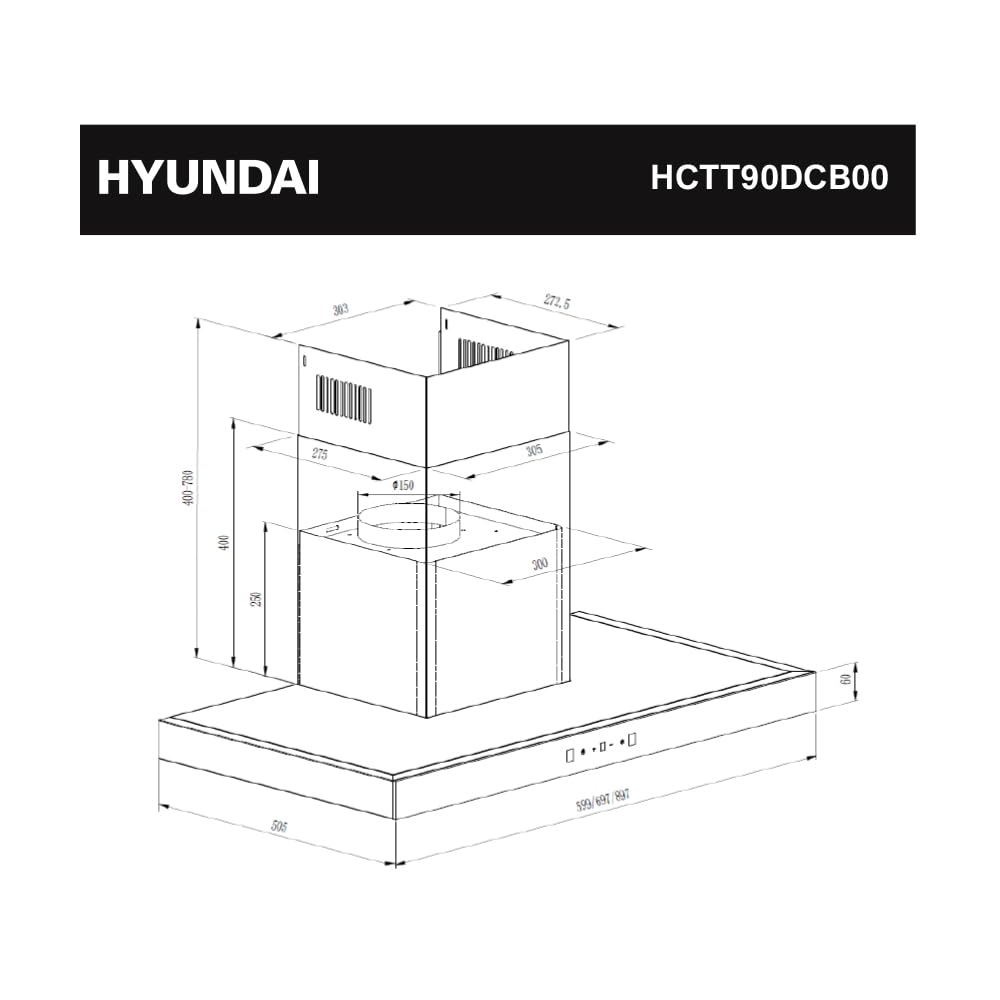 Hyundai Campana Extractora T 90cm, Cristal Negro, HCTT90DCB00. Potencia 958m3/h, 3 Velocidades, 2 Filtros, 68 dB Nivel Sonoro, Control Táctil, Filtros aptos para Lavavajillas
