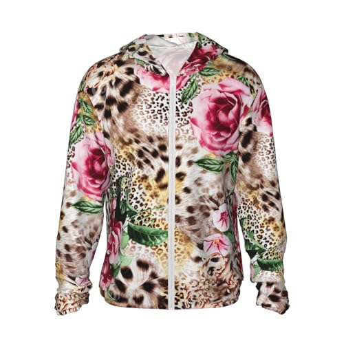 UPF 50+ Sun Protection Jacket Pink Rose with Leopard Print Swimming Hooded Cooling Shirt