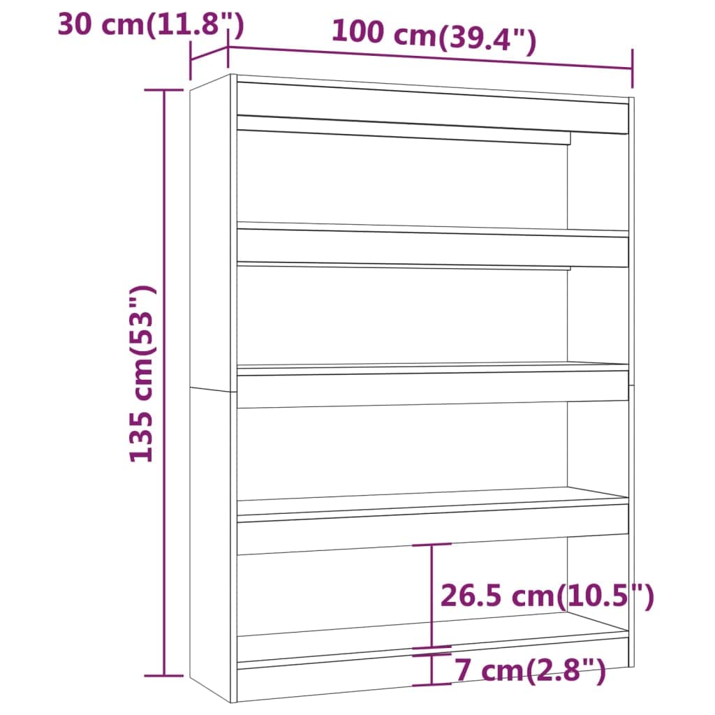 Estantería gris Sonoma, 100 x 30 x 135 cm, material de madera, versátil separador de habitaciones con 4 estantes, estable para libros, DVD y artículos decorativos, fácil limpieza