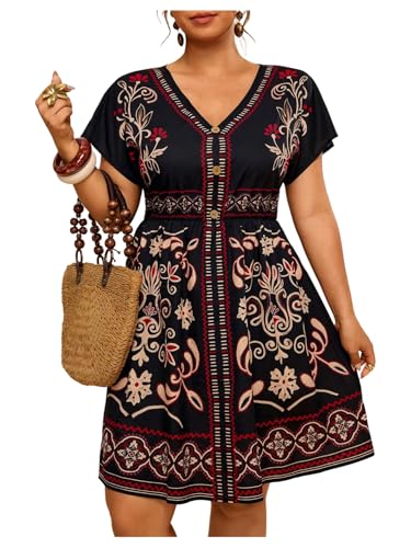 Image of Floerns Women's Plus Size Summer Vacation Wrap V Neck Short Sleeve Ruffle Hem A Line Hawaiian Short Dress